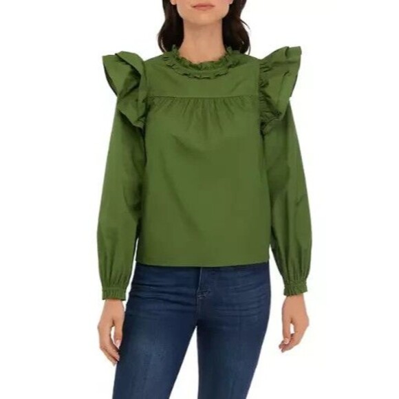 Crown & Ivy Green Ruffle Top Sz L Cottagecore Prairie Victorian 100% Cotton - Picture 1 of 13